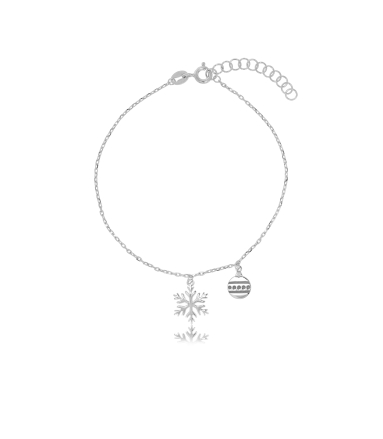 Bransoletka srebrna z płatkiem śniegu i bombką
