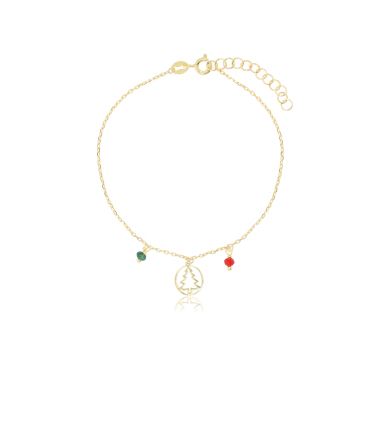 Bransoletka srebrna pozłacana z choinką i kolorowymi cyrkoniami