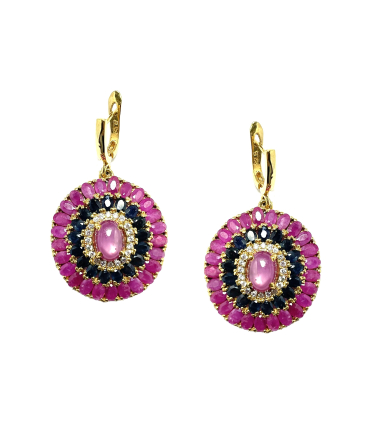 Kolczyki srebrne pozłacane z rubinami, szafirami i cyrkoniami